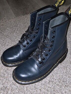 Dr. Martens Navy 1460 Leather 8-Eye Lace-Up Boots with Yellow Stitching